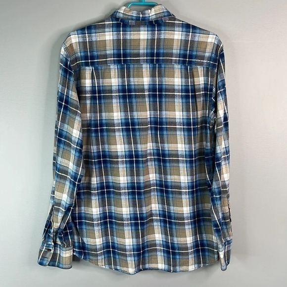 QUIKSILVER Mens Plaid Flannel Button Up Shirt Blue Tan Long Sleeve Logo Skate S - Picture 12 of 16